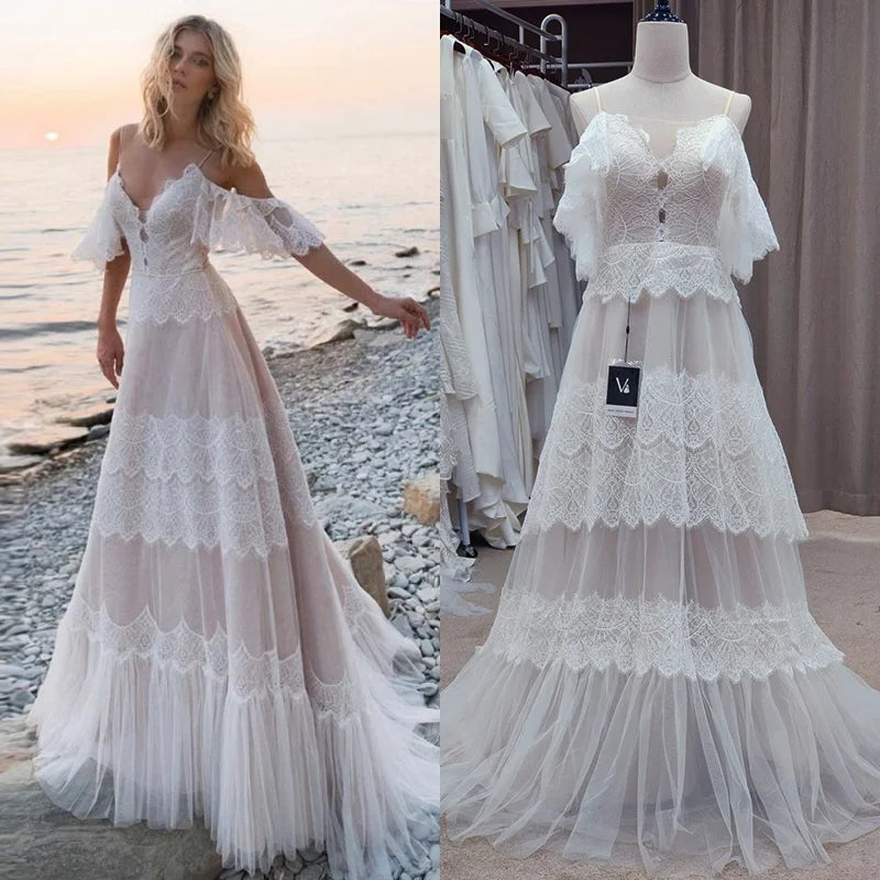 1241#Spaghetti Straps Backless Flare Sleeve Bohemian Boho Beach Wedding Dresses Champagne Bridal Dresses Vestidos De Renda