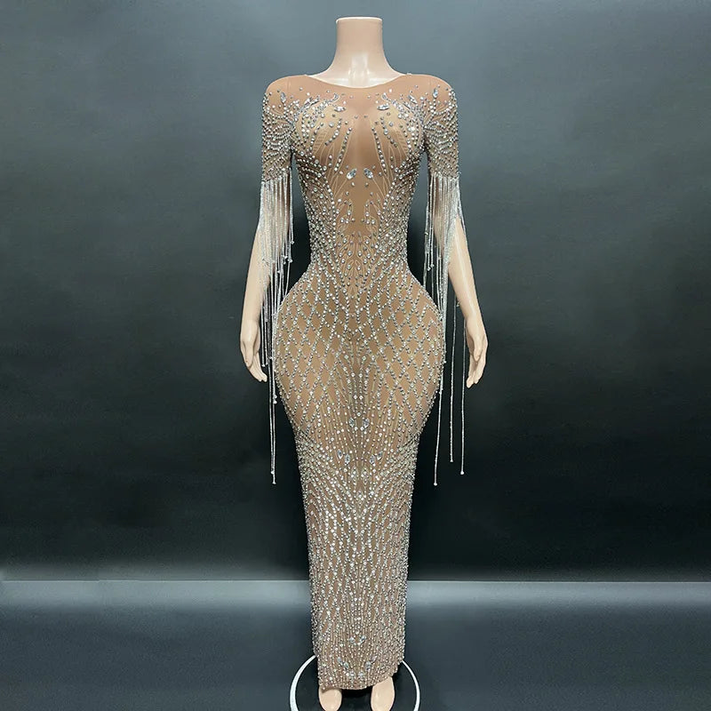 2026 Summer Vintage Drop Shipping Sexy Shiny Diamond Brown Sheer Bling Dress Long Gown for Evening Party Dress