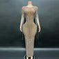 2026 Summer Vintage Drop Shipping Sexy Shiny Diamond Brown Sheer Bling Dress Long Gown for Evening Party Dress