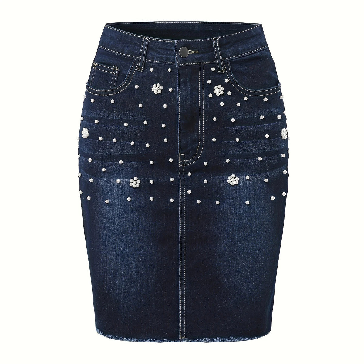 European and American Style Vintage Beaded Stretch Waist Denim Mid-length Skirt
