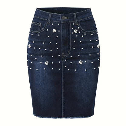 European and American Style Vintage Beaded Stretch Waist Denim Mid-length Skirt