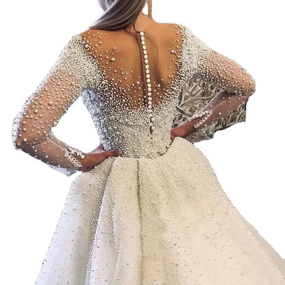 2022 Beaded Long Sleeve Detachable Tail Wedding Dress Dubai Bridal Gowns with Detachable Skirt for Brides