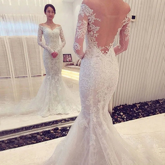 FA216  Mermaid Wedding Dresses for Women V Neck Bare Back Sexy Chinese Quality Long Sleeve Vestidos De Noiva Lace Bride Dresses
