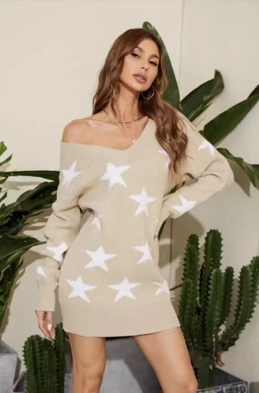 2026 New Women Girls Sweater Dress Spring and Autumn Star Pattern Collar Shoulder  Knitted Dress