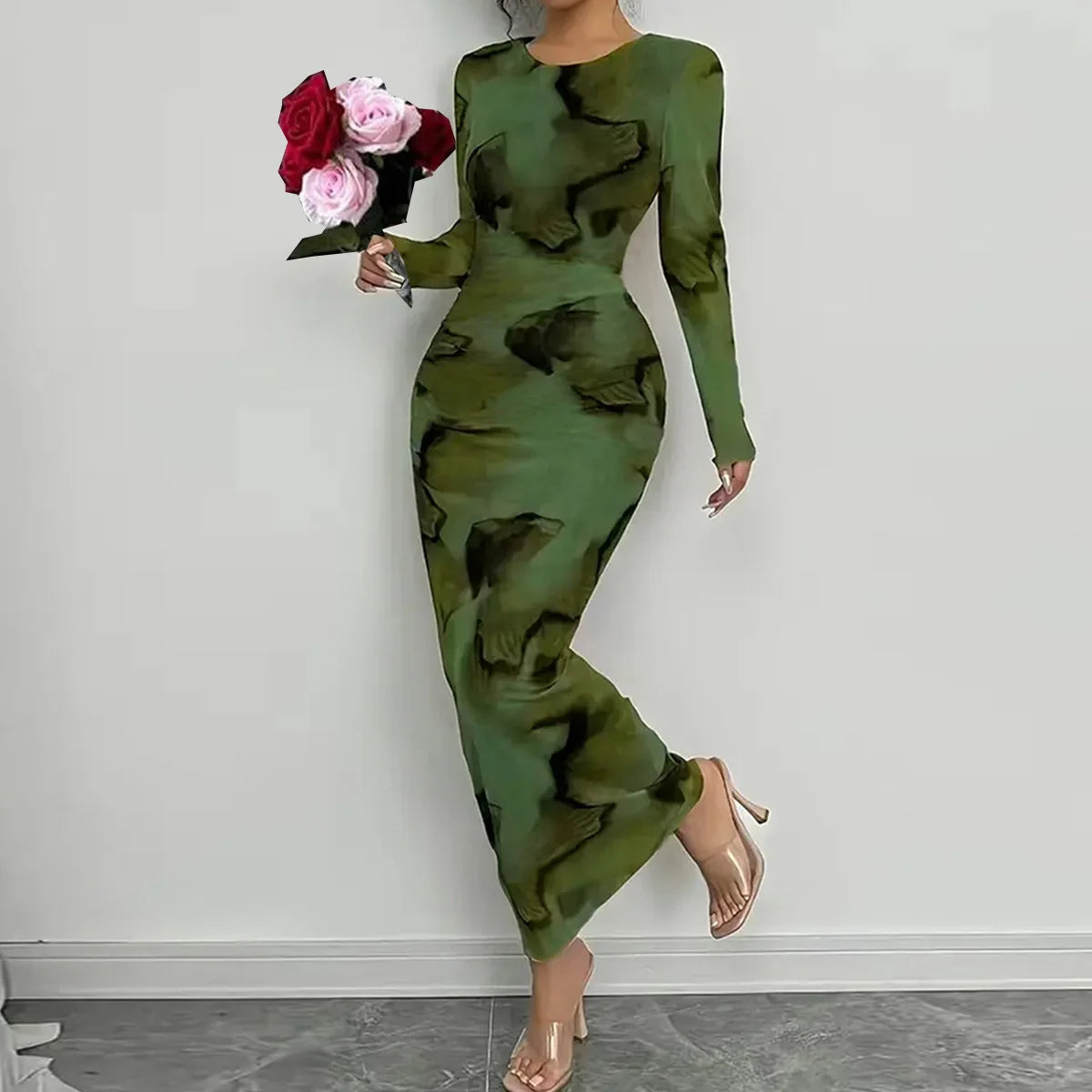 BR6013 Women's Vintage Printed Stretchy Dress Empire Waist Crew Neck Long Skirt Anti-Static Polyester Spandex
