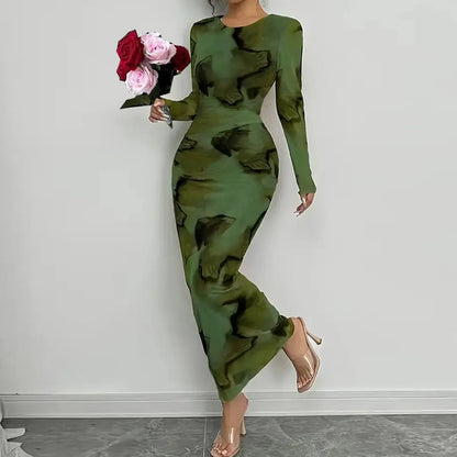 BR6013 Women's Vintage Printed Stretchy Dress Empire Waist Crew Neck Long Skirt Anti-Static Polyester Spandex