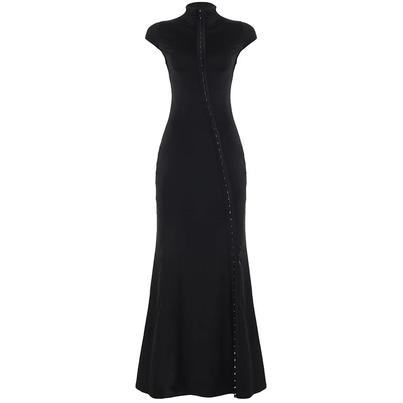 Sexy Mandarin Collar Solid Maxi Dress Cut-Out High Slit-Glam Short Sleeve Natural Waist Breathable Washable Chinoiserie Party