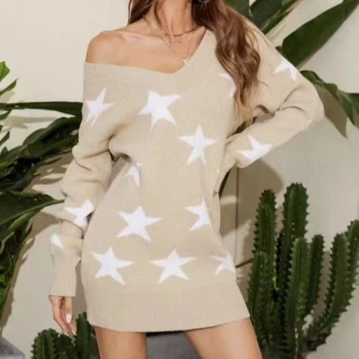 2026 New Women Girls Sweater Dress Spring and Autumn Star Pattern Collar Shoulder  Knitted Dress