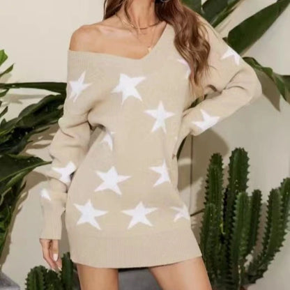 2026 New Women Girls Sweater Dress Spring and Autumn Star Pattern Collar Shoulder  Knitted Dress