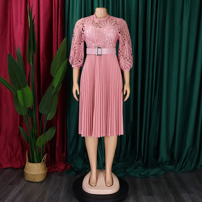 Europe and America New Design Ladies Spring Dress new Solid Lace Dresses Women Hook Flower Hollow Out Pleated Dress