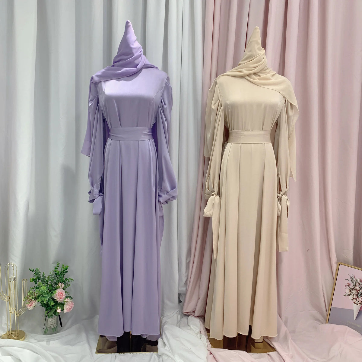 Enyami Satin Elegant Maxi Evening Dress Long Sleeves Abayah Islamic Clothing Muslim Women Dress With Head Scarf