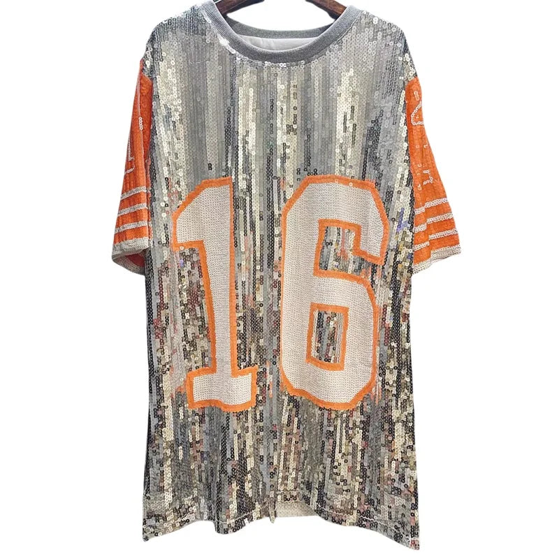 Cheerleaders Uniform O-Neck Number 16 Sparkle Sequin T-shirt Dress Festival Club Casual Loose Oversized Tunic Tee Sequin Jersey