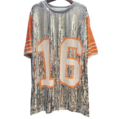 Cheerleaders Uniform O-Neck Number 16 Sparkle Sequin T-shirt Dress Festival Club Casual Loose Oversized Tunic Tee Sequin Jersey