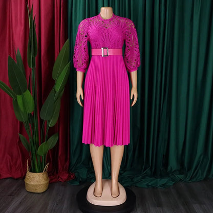 Europe and America New Design Ladies Spring Dress new Solid Lace Dresses Women Hook Flower Hollow Out Pleated Dress
