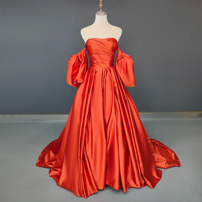 13844# Candy Color Sweep Train Off-Shoulder Boat Neck A-line Wedding Dress Modern Detachable Puff Sleeve Bow Stain Bridal Gown