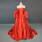 13844# Candy Color Sweep Train Off-Shoulder Boat Neck A-line Wedding Dress Modern Detachable Puff Sleeve Bow Stain Bridal Gown
