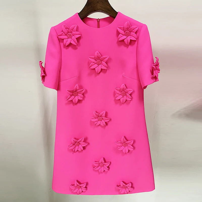 HIGH QUALITY Newest 2023 Designer Fashion Women's Short Sleeve Handmade 3D Flowers Appliques Elegant Dress