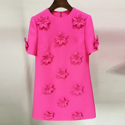 HIGH QUALITY Newest 2023 Designer Fashion Women's Short Sleeve Handmade 3D Flowers Appliques Elegant Dress
