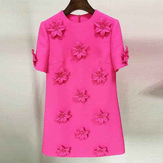 HIGH QUALITY Newest 2023 Designer Fashion Women's Short Sleeve Handmade 3D Flowers Appliques Elegant Dress