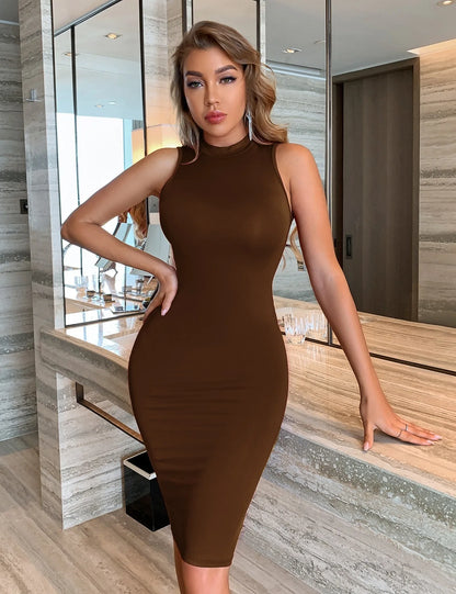 European American Summer Stand Collar Halter Neck Long Knit Mid-Waist Women's Knitted Dress