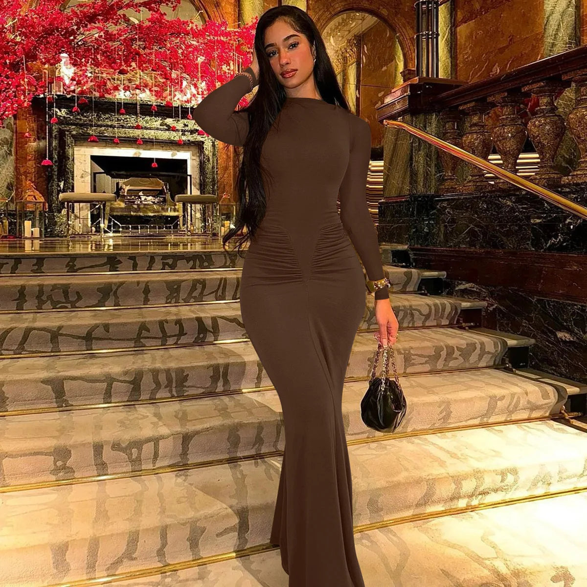 Hot Sale 2025 Summer Slim Fit Long Sleeve Dress Women Casual Round Neck Ruffles Dress Wholesale