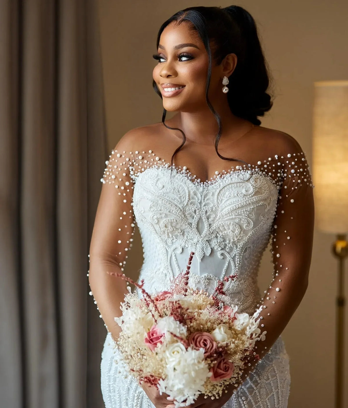 African Aso Ebi 2026 Off White Mermaid Wedding Dress Sheer Full Sleeves Beaded Pearls Vintage Elegant Bridal Gowns Dresses MW639
