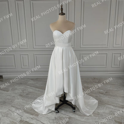 15506# Real Photos 2 in 1 High Low Boat Neck Sweep Train Satin A-line Wedding Dress Bridal Gown for Women With Pockets