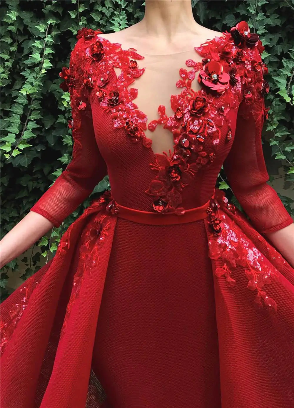 EV059 New Burgundy Long Evening Gown Long Sleeve Sequin Flowers Dubai Kaftan Saudi Arabic Elegant Formal Dress Muslim Evening