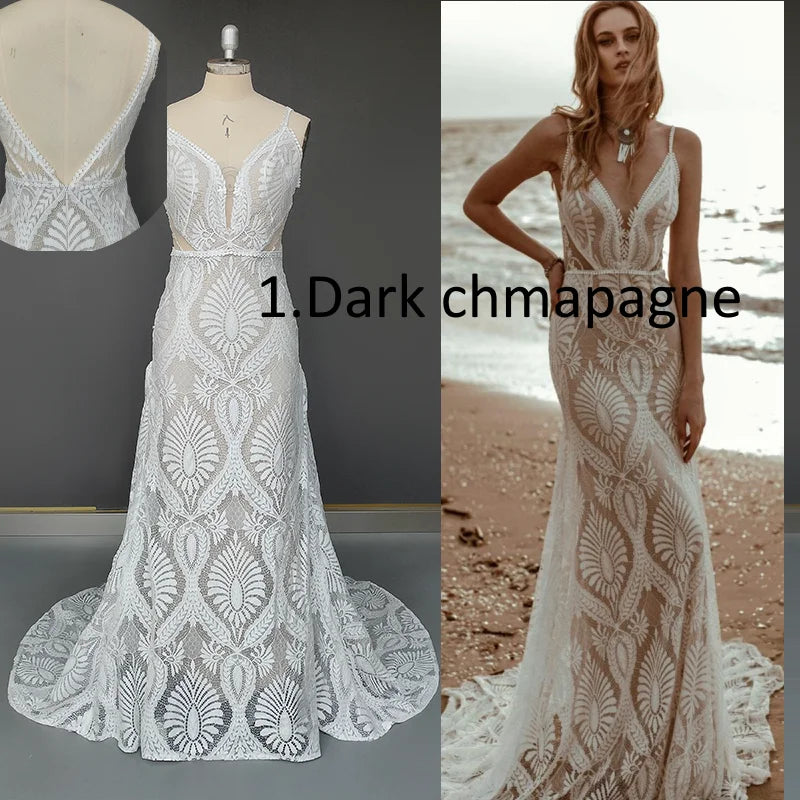 10864#Real Photos Spaghetti Straps Sleeveless V-Neck Open Back Sweep Train Lace Bohemian Boho Wedding Dress Wedding Bridal Gown