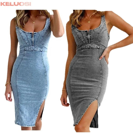 High Waist Skinny Fitted Sleeveless Denim Midi Dress Women Stretchy Patchwork Zipper Casual Bodycon Jean Dresses