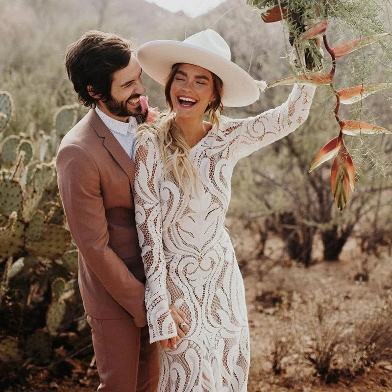 #4053 New Elegant Lace Bateau Long Sleeves Boho Wedding Dress Backless Plus Size Rustic Bridal Photoshoot Gown
