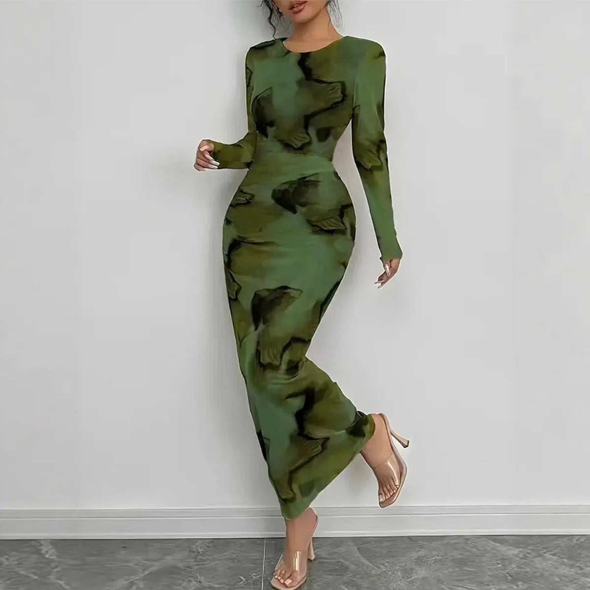 BR6013 Women's Vintage Printed Stretchy Dress Empire Waist Crew Neck Long Skirt Anti-Static Polyester Spandex