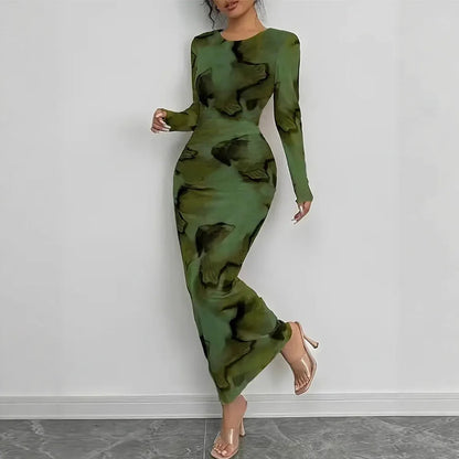 BR6013 Women's Vintage Printed Stretchy Dress Empire Waist Crew Neck Long Skirt Anti-Static Polyester Spandex