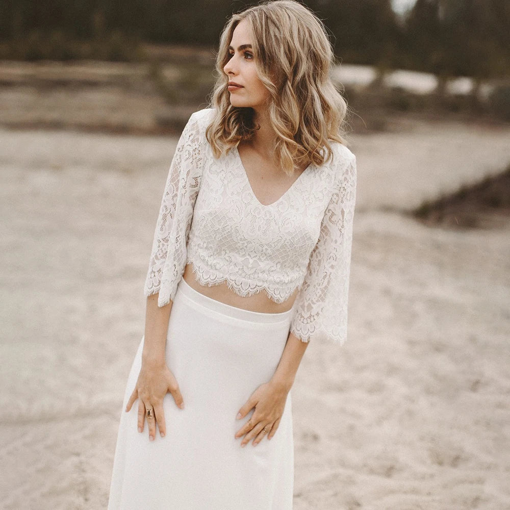 13479#Elegant V Neck Beach Bohemian Vestido De Novia Half Sleeves Outdoor Two Piece Chiffon Boho Lace Wedding Dress Bride Gown