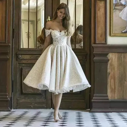 13830# Elegant Sequined A-Line Bridal Gown 2022 Fashion Lace Cap Appliques Wedding Dress Short Lace-Up Evening Dress Party Dress
