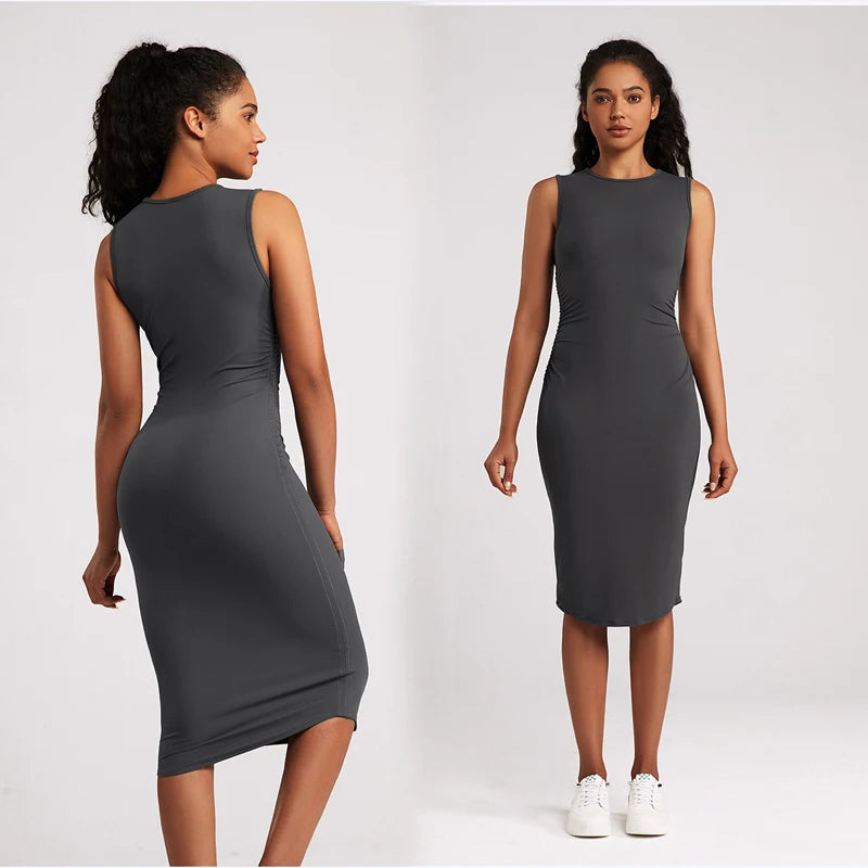 Roregal New Yoga Dress Women's High Waist Slim Pleated Dress Round Neck Sports Quick-drying Sports One-piece Dress