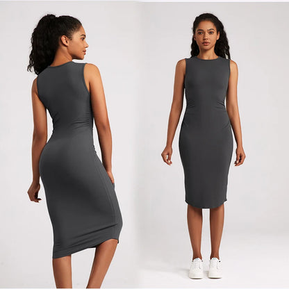 Roregal New Yoga Dress Women's High Waist Slim Pleated Dress Round Neck Sports Quick-drying Sports One-piece Dress