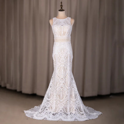 Real Photos Boho Sleeveless Appliques Lace Mermaid Wedding Dress for Woman Sweep Train Backless Bride Gown for Wedding