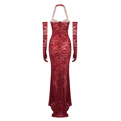 2024 New Floral Embroidery V-neck Halter Dress Slim Mesh Red Long Women Dress Evening Gown