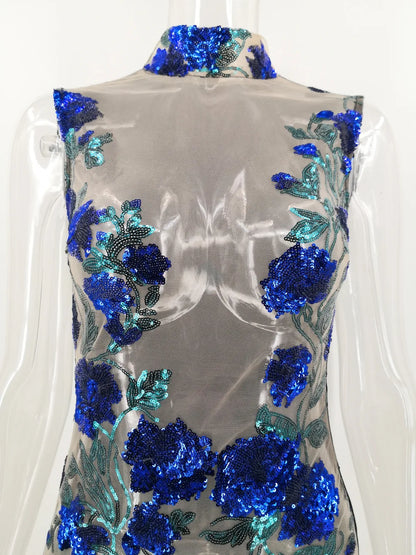 Trendy Women's Midi Bodycon Dress Floral Sequin Lace Sexy Night Club Summer See-Through Transparent Mesh Natural Washable