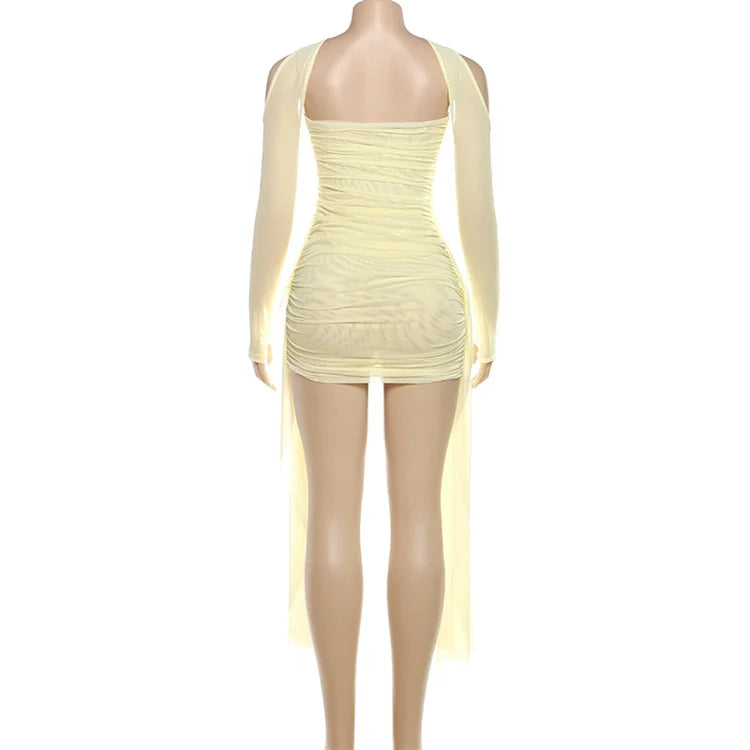 Valentine Mesh Women Mini Dress Fashion Solid Strapless Ribbons Tassel Body-shaping Vestidos+Seperately Full Sleeve Gloves