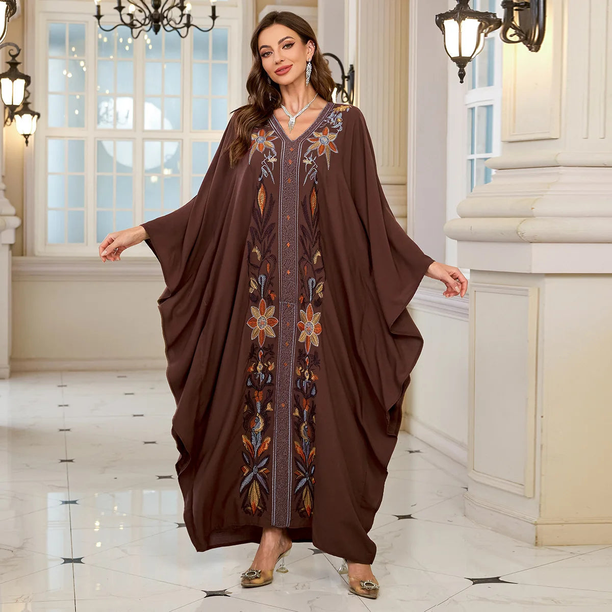 Beach Abaya in Rayon with Gold Embroidery and Batwing Sleeves for Vacation Available on for (24 Colors) L4125