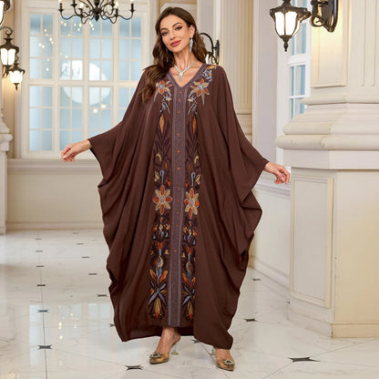 Beach Abaya in Rayon with Gold Embroidery and Batwing Sleeves for Vacation Available on for (24 Colors) L4125