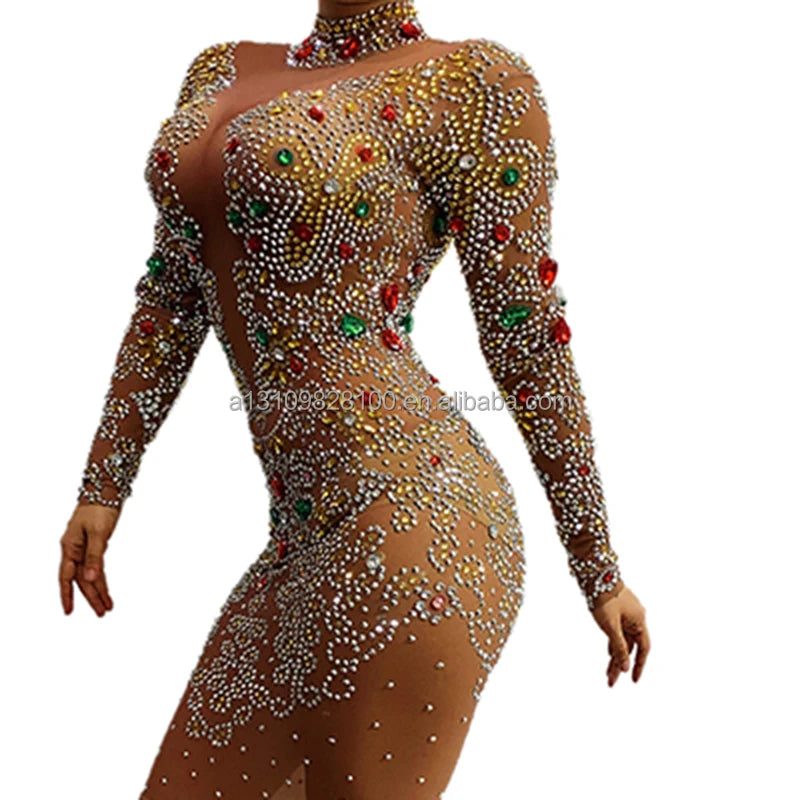 Female Elastic Mesh Feather Nude Long Sleeve Wrap Hip Dress Wedding Evening Perspective Long Dress Singer Host Catwalk Dresses