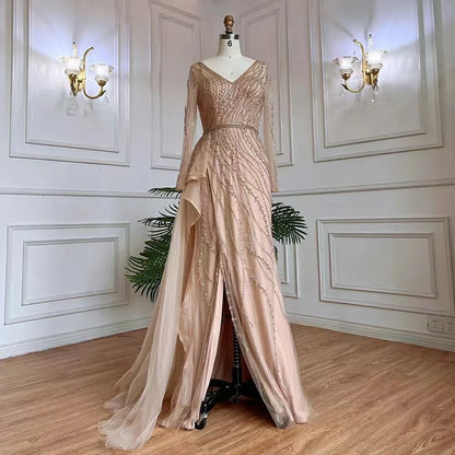 Feishiluo  Luxurious Split Mermaid Evening Dress  Sexy V-neck  Handmade Beaded Prom Dress