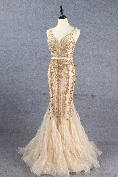 Feishiluo Luxurious Evening Dress Mermaid Sexy Prom Dresses with Feather Bead Champagne Rhinestone Plus Size Mother Bride Shawl