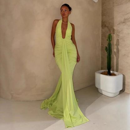 2026 Fashion Summer Women Halter Deep V-Neck Backless Solid Casual Maxi 100% Polyester Crystal Vacation Dresses