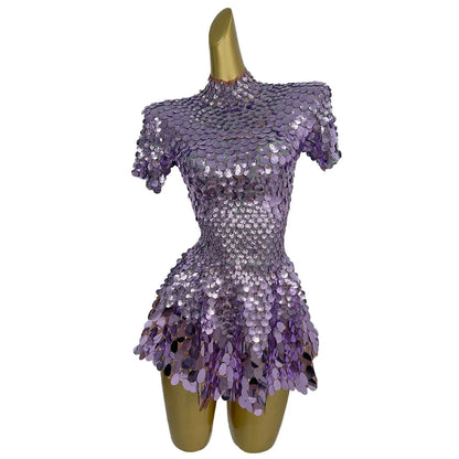 Sexy Short Sleeve Sequin a Line Dress Stage Performance Wear Dinner Gowns Birthday Prom Mini Dress Women Sexy Club Party Dress