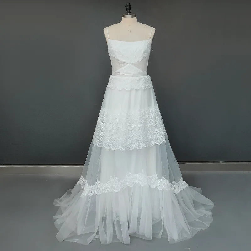 #1247 Spaghetti Straps Soft Lace Sleeveless Sweep Train A-Line Bohemian Beach Backless Wedding Dress Bridal Gowns Evening Dress