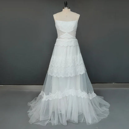 #1247 Spaghetti Straps Soft Lace Sleeveless Sweep Train A-Line Bohemian Beach Backless Wedding Dress Bridal Gowns Evening Dress